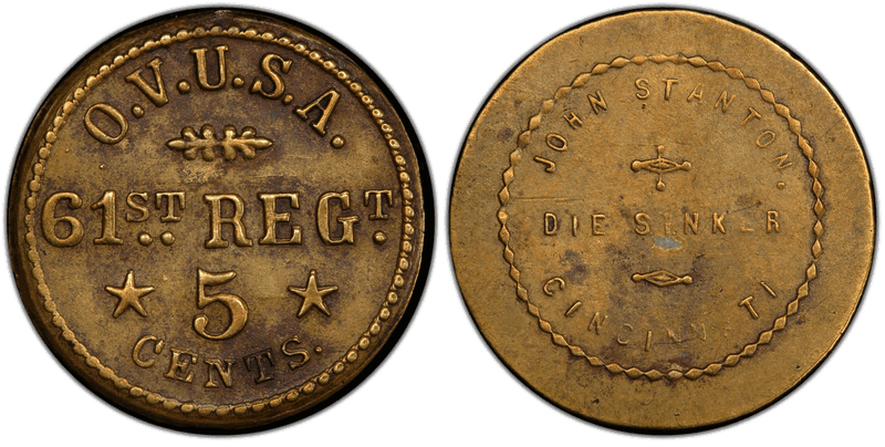 (1861-65) Brass Civil War Sutler Token S-61-5B, OH Volunteers-John Stanton