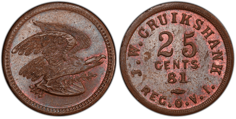 (1861) Copper Civil War Sutler Token S-81a-25C, J.W. Cruikshank