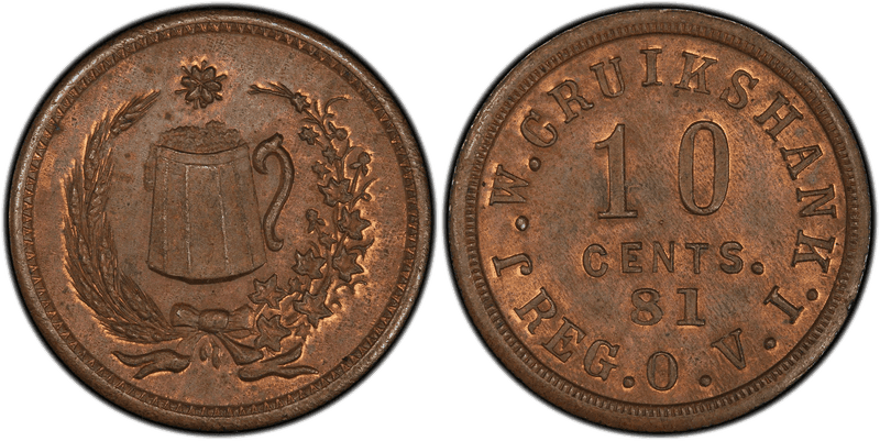 (1861) Copper Civil War Sutler Token S-AF10C, J.W. Cruikshank