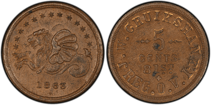 (1861) Copper Civil War Sutler Token S-AF5C, J.W. Cruikshank