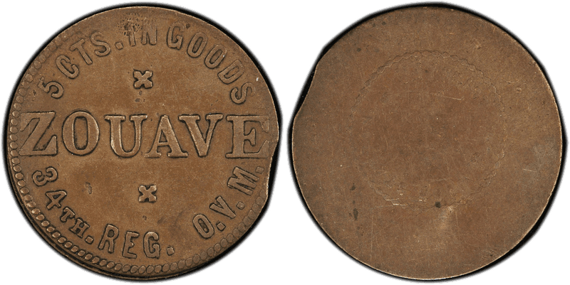 (1861) Copper Civil War Sutler Token S-O5C, Zouave-John Stanton