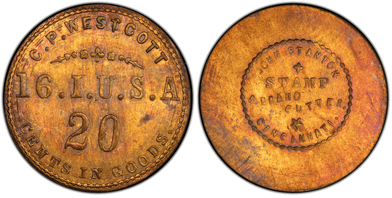 (1861-65) Brass Civil War Sutler Token S-16-20B, C.P. Westcott