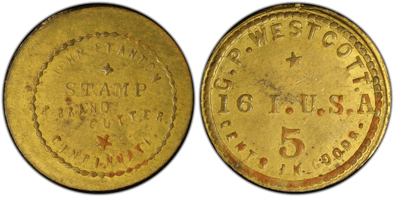 (1861-65) Brass Civil War Sutler Token S-16-5Ba, G.P. Westcott