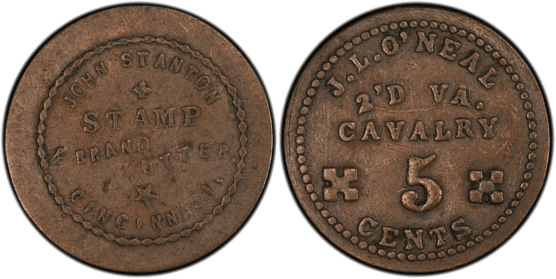 (1861) Copper Civil War Sutler Token S-2a-5C, J.L. O'Neal-John Stanton