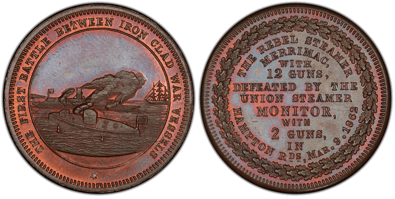 (1862) Copper Civil War Sutler Token SCH-MM-4, Monitor & Merrimac