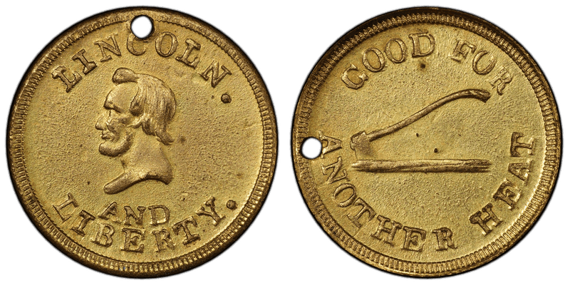 (1864) Gilt Civil War Patriotic Token F-133/458b, Holed Lincoln and Liberty