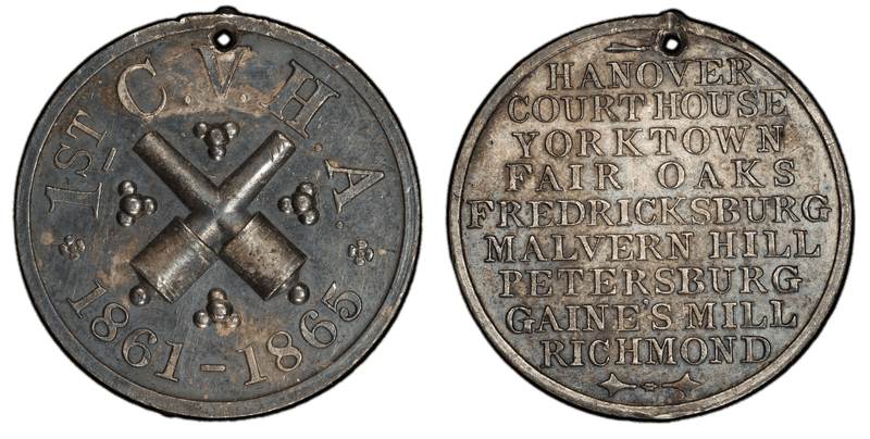 "1865" Medal Silvered White Metal 1st C.V.H.A. Veteran's Medal, Holed 31mm