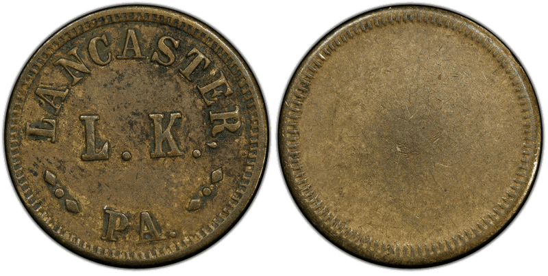 (1870-80) Brass Token Rulau Pa-La 6A, L.K. Lancaster, PA