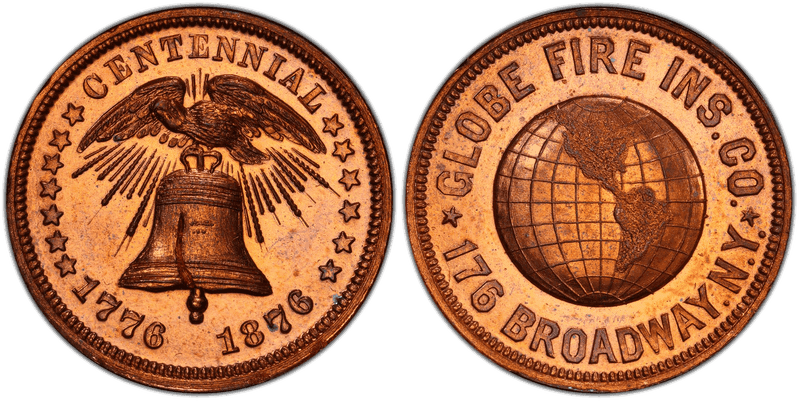 (1876) Copper Token NY-NY 95, Globe Fire Ins. Co.