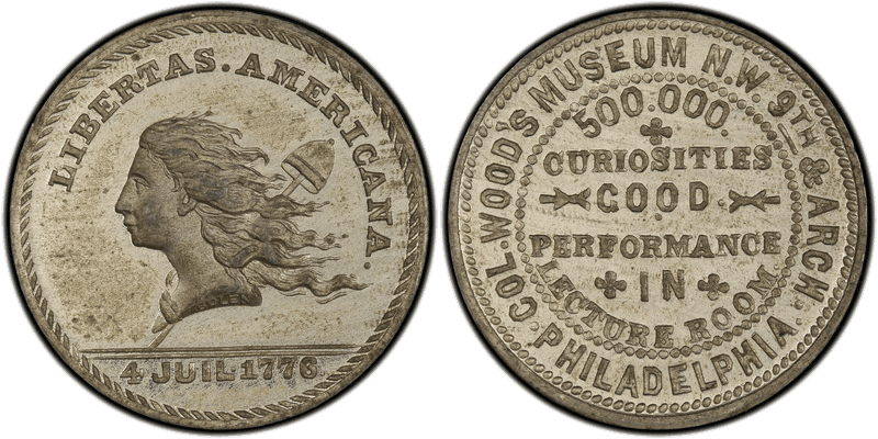 (1876) White Metal Token Pa-Ph 504, Wood's Museum
