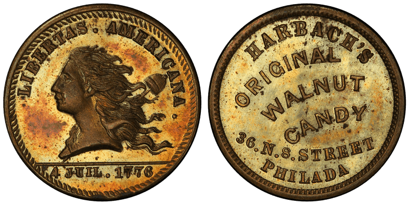 (1876) Brass Token Pa-Ph 930A, Harbach's Original Walnut Candy