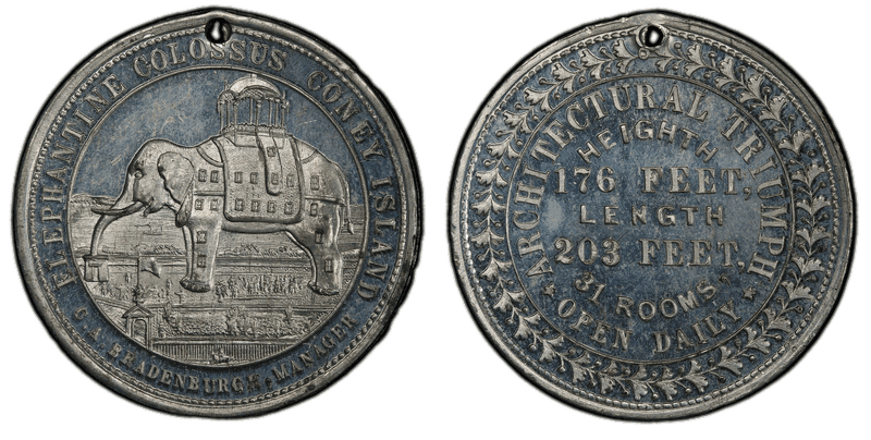(1890s) White Metal Token Rulau Bkn-22A, Coney Island Elephantine Colossus