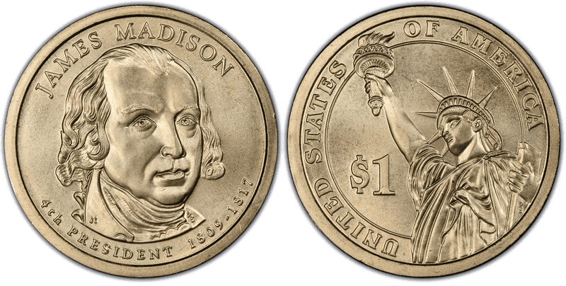 2007 (P) Satin Finish Presidential Dollar - James Madison, Missing Edge Lettering