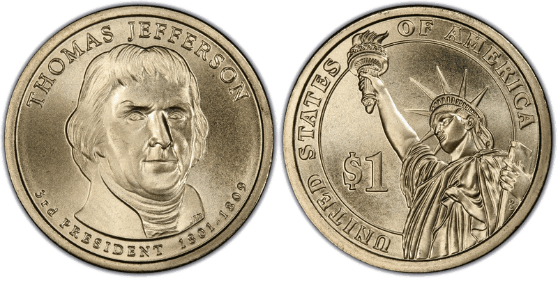 2007 (P) Satin Finish Presidential Dollar - Thomas Jefferson, Missing Edge Lettering