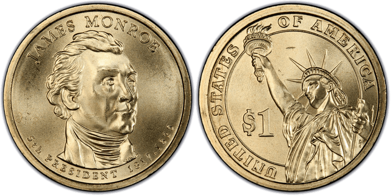 2008 (P) Satin Finish Presidential Dollar - James Monroe, Doubled Edge Lettering Overlap