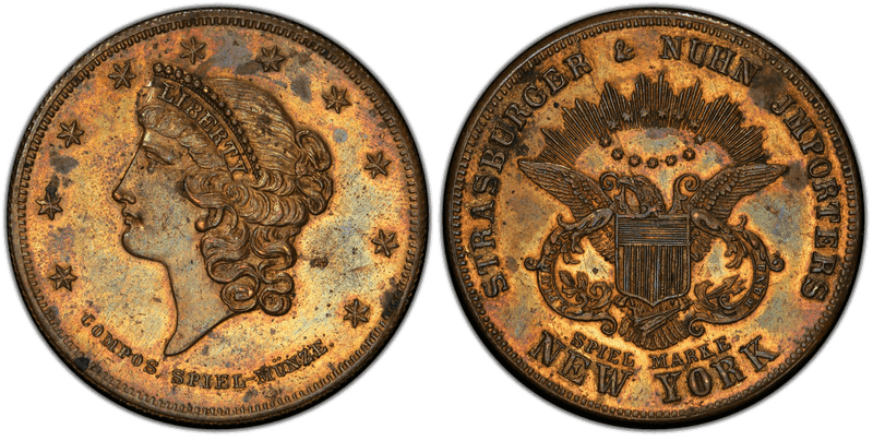(c.1860) Token $20 Compos. Spiel-Munze Brass 34mm Strasburger & Nuhn Gaming Gold Double Eagle