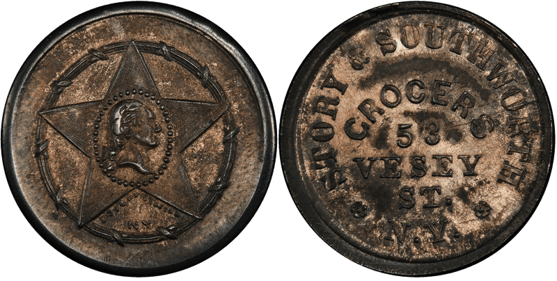 (c.1864) White Metal Civil War Store Card F-630BV-20E, GW-607 Story & Southworth NY