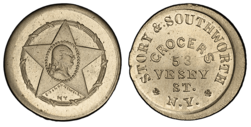 (c.1864) Nickel Civil War Store Card F-630BV-20c, Story & Southworth NY