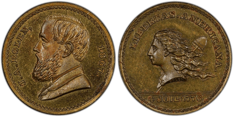 (c.1867) Brass Medalet Rulau Ma-Sp-42, JAB-30, Bolen/Libertas