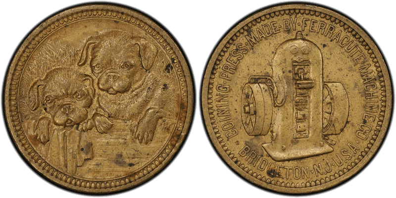 (c.1893) Token Rulau-NJ-Brg-6 Brass Ferracute - Dogs