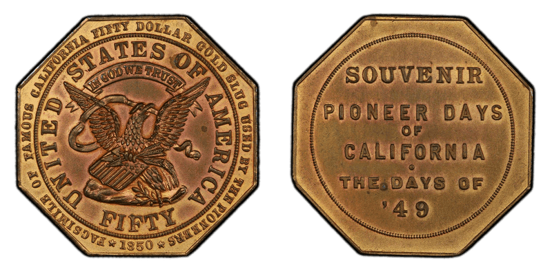 (c.1915) Token "$50" Jankovsky-215 Gilt-Brass Days of '49 Slug Fifty Dollar