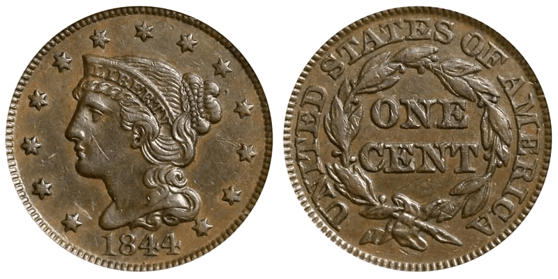 1844 Braided Hair Coronet Head Cent