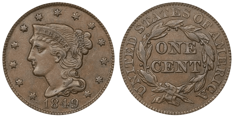 1849 Braided Hair Coronet Head Cent