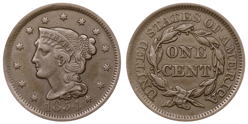 1854 Braided Hair Coronet Head Cent