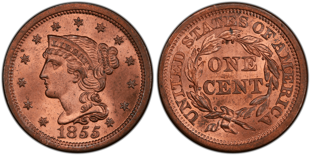 1855 Braided Hair Coronet Head Cent - Slanted 55