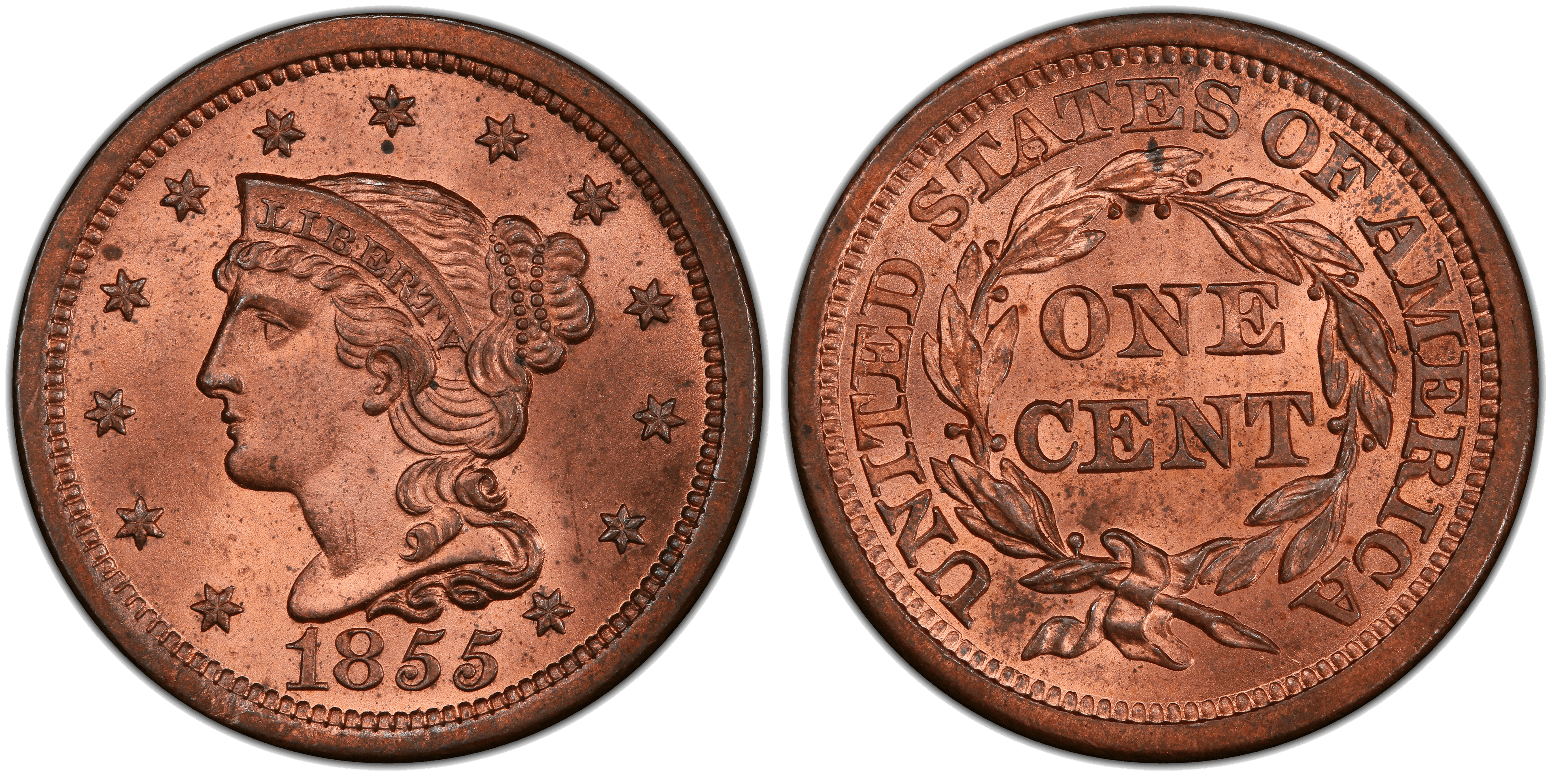 1855 Braided Hair Coronet Head Cent - Slanted 55