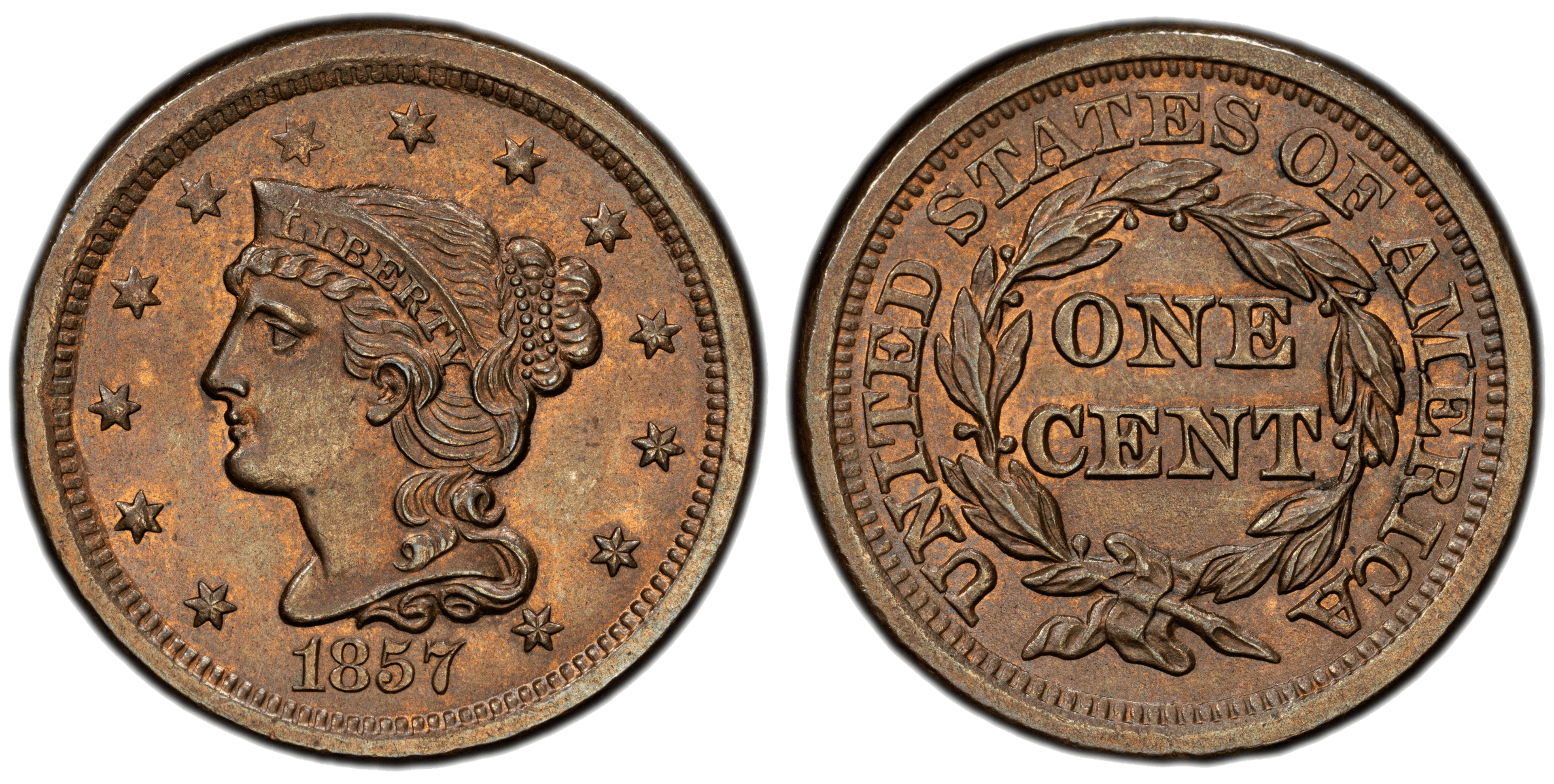 1857 Braided Hair Coronet Head Cent - Small Date