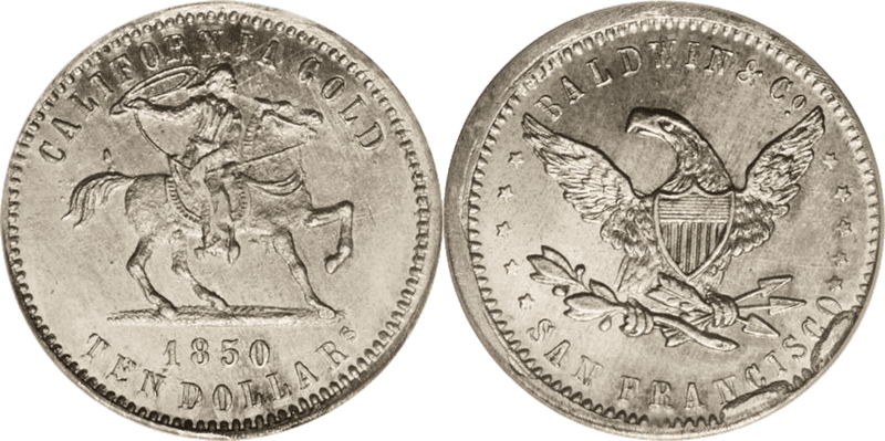 1850 Baldwin & Co. Ten Dollar - White Metal Restrike