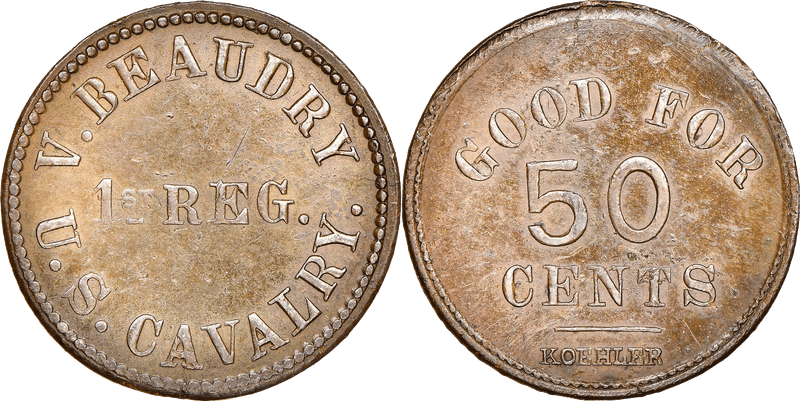 (1861-65) Brass Civil War Sutler Token S-1b-50B, V. Beaudry