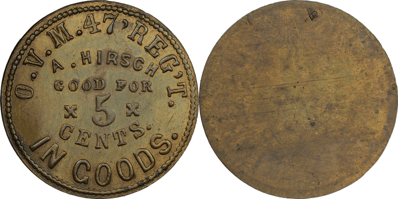 (1861-65) Brass Civil War Sutler Token S-47-5B, A. Hirsch