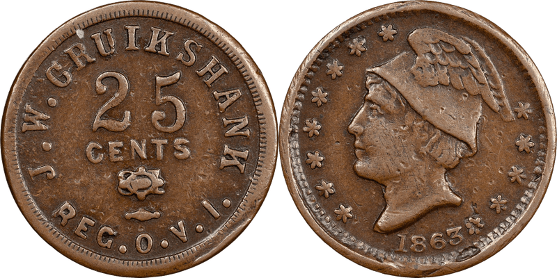 (1863) Civil War Sutler Token S-81b-25C, J.W. Cruikshank