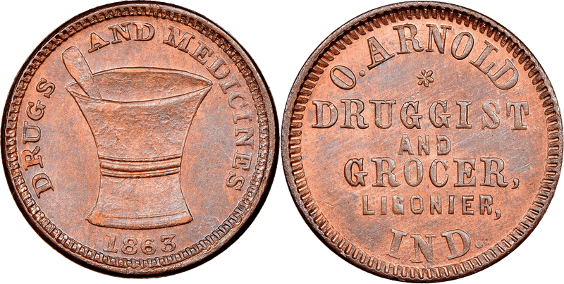 (1863) Copper Civil War Store Card F-550A-1a, O. Arnold IN