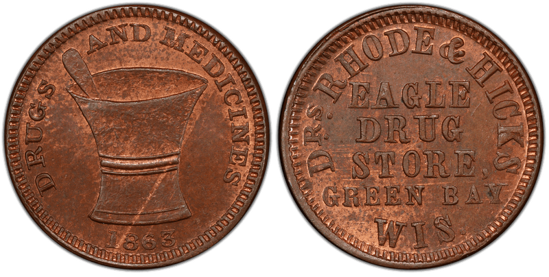 (1863) Copper Civil War Store Card F-250E-1a, Drs. Rhode & Hicks WI