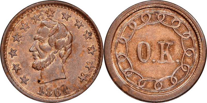(1864) Civil War Patriotic Token F-127/248a, Lincoln - O.K.