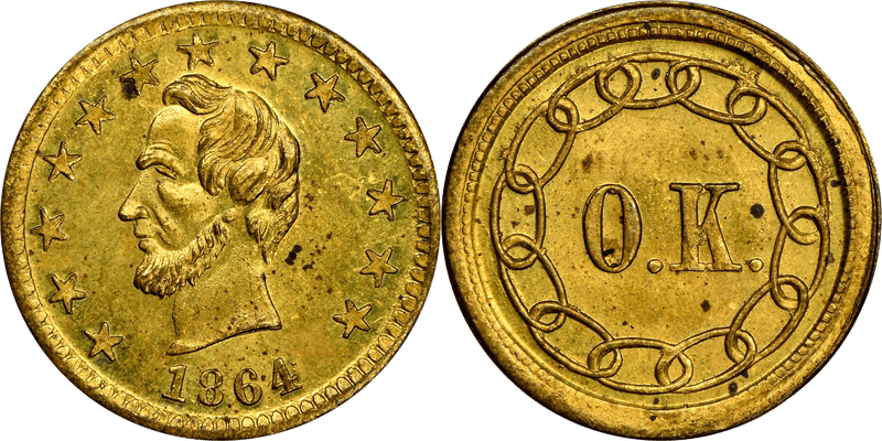 (1864) Civil War Patriotic Token F-127/248b, Lincoln - O.K.