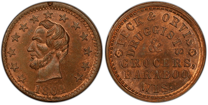 (1864) Civil War Store Card F-45A-1a, Peck & Orvis WI