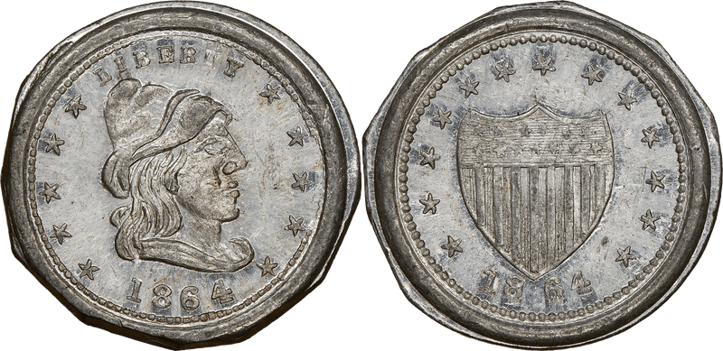 (1864) White Metal Civil War Patriotic Token F-46/339e, Liberty-Shield
