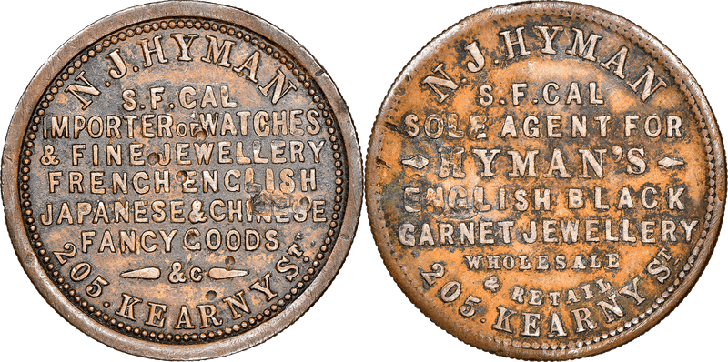 (1876-77) Copper Token Rulau Ca-SF 42, N.J. Hyman