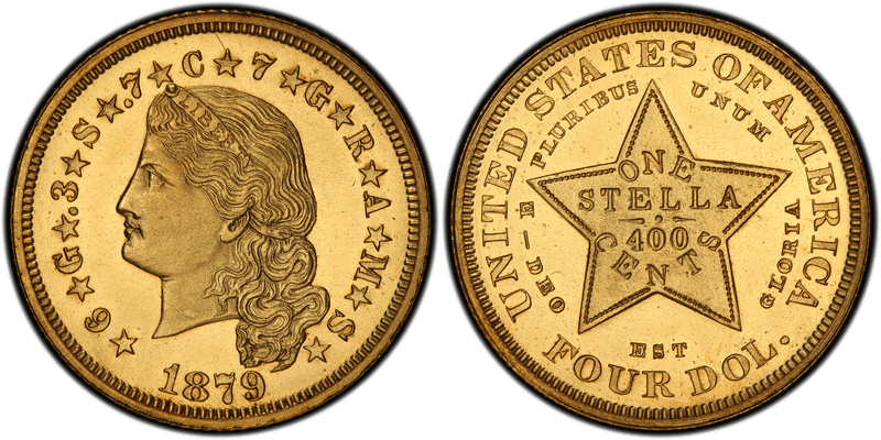 1879 Proof Four Dollar Pattern - J-1636, Stella Flowing Hair, Gilt Copper