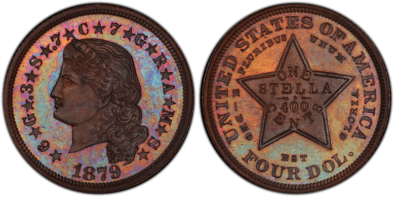 1879 Proof Four Dollar Pattern - J-1636, Stella Flowing Hair