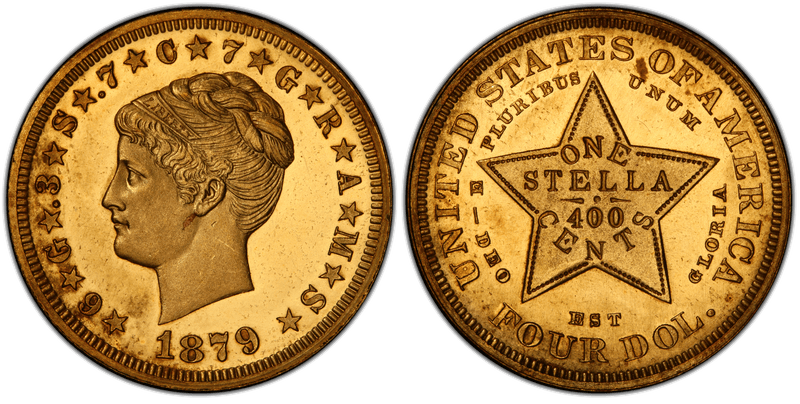 1879 Proof Four Dollar Pattern - J-1639, Metric Dollar, Gilt Copper