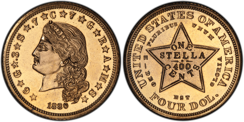 1880 Proof Four Dollar Pattern - J-1658, Stella Flowing Hair, Gilt