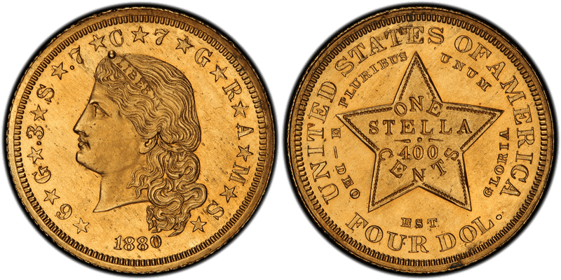 1880 Proof Four Dollar Pattern - J-1659, Stella Coiled Hair, Gilt